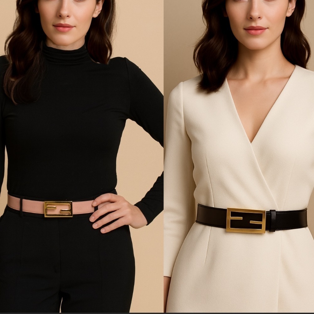 FENDI gold logo buckle reversible calfskin leather belt in blush and black 75